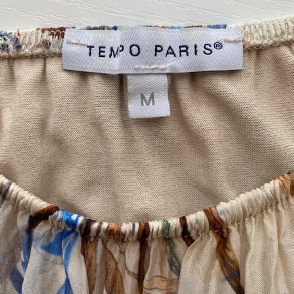 Tempo Paris Floral Italian Silk Blouse Sheer Overlay Boat Neck 3/4 Sleeve Size M - Picture 9 of 13